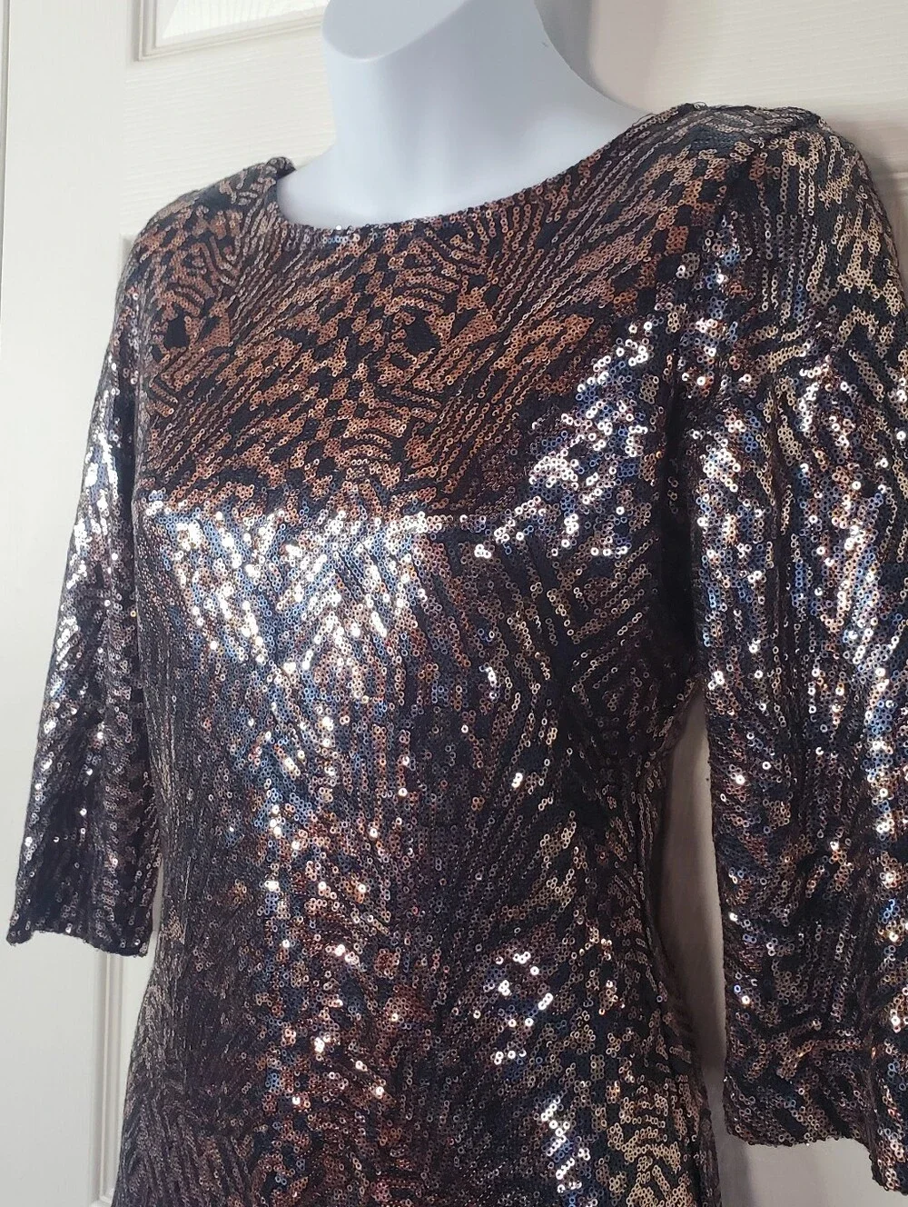Y2K Vintage Bronze Sequin Mini Dress Open Back Glam Party Clubwear Slip-on Small